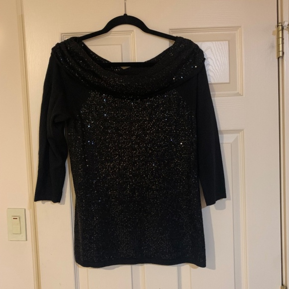 NWOT White House Black Market Black Draped Sequin Sweater sz S